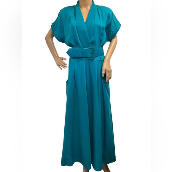 RABBIT RABBIT RABBIT Vintage 1980’s Belted Dress Teal - Picture 1 of 16